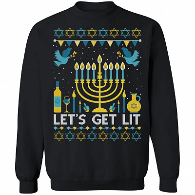 Funny Hanukkah Let's Get Lit Jewish Chanukkah Ugly Christmas Sweater