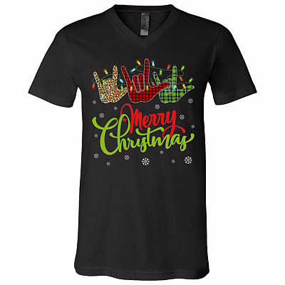 Merry Christmas Sign Language Caro Christmas Light T-Shirt - V-Neck Shirt