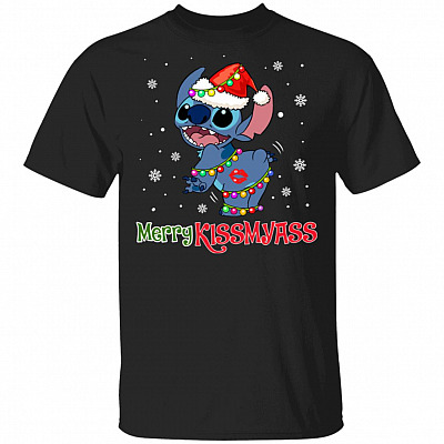 Merry Kissmyass Sti-tch Funny Christmas Light T-Shirt
