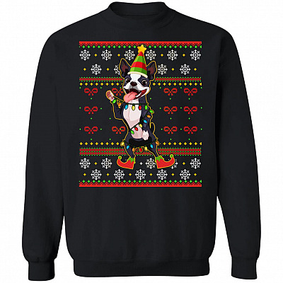 Boston Terrier Christmas Lights Ugly Christmas Sweater Funny Xmas Gift For Dog Lovers