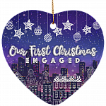 First Christmas Engaged Decorative Christmas Ornament Keepsake-Holiday Flat Heart Porcelain Ceramic Ornament