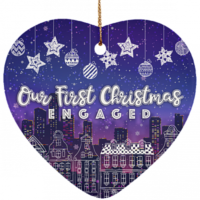 First Christmas Engaged Decorative Christmas Ornament Keepsake-Holiday Flat Heart Porcelain Ceramic Ornament