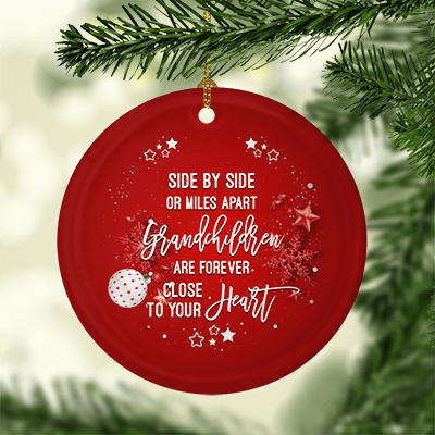 Alternative view of Side By Side Or Miles Apart Grandchildren Are Forever Close To Your Heart Christmas Flat Circle Porcelain Ceramic Ornament