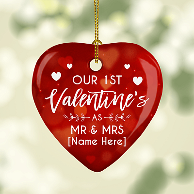 Alternative view of Personalized Our First Valentine's As Mr and Mrs Ornament Keepsake - Flat Heart Porcelain Ceramic Ornament