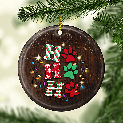 Alternative view of Ho Ho Ho Dog Paws Cute Christmas Decorative Ornament Keepsake - Holiday Flat Circle Porcelain Ceramic Ornament