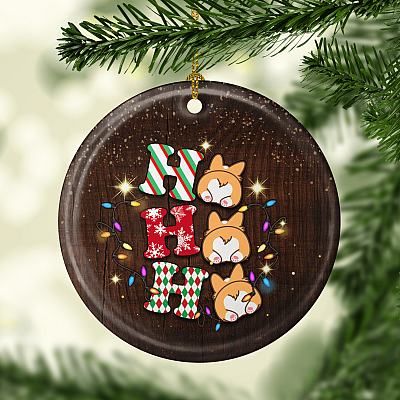 Alternative view of Ho Ho Ho Corgi Butt Heart Christmas Decorative Ornament Keepsake - Holiday Flat Circle Porcelain Ceramic Ornament