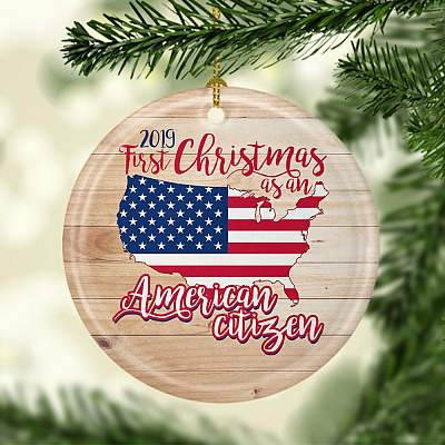 Alternative view of First Christmas As An American Citizen Ornament Keepsake - Holiday Flat Circle Porcelain Ceramic Ornament