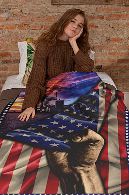 Alternative view of Trucker American Flag Fleece Blanket - Premium Sherpa Blanket - Woven Blanket