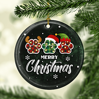Alternative view of Merry Christmas Funny Dog Paw Christmas Ornament Keepsake - Holiday Flat Circle Porcelain Ceramic Ornament