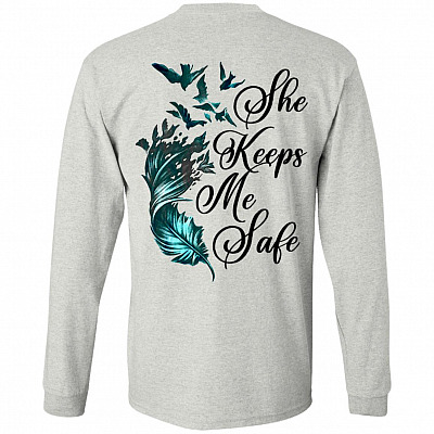 She Keeps Me Safe Feather Print On Back Hoodie - Sweatshirt - Long Sleeve