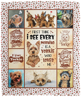 First Thing I See Every Morning Is A Yorkie Who Loves Me Fleece Blanket - Premium Sherpa Blanket