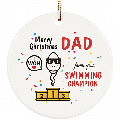 Merry Christmas Dad from Your Swimming Champion Christmas Ornament Keepsake - Circle Porcelain Ceramic Ornament