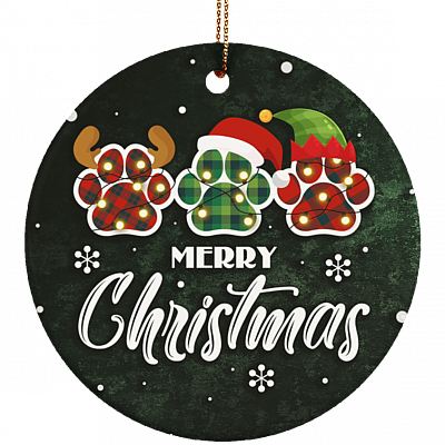 Merry Christmas Funny Dog Paw Christmas Ornament Keepsake - Holiday Flat Circle Porcelain Ceramic Ornament
