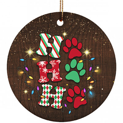 Ho Ho Ho Dog Paws Cute Christmas Decorative Ornament Keepsake - Holiday Flat Circle Porcelain Ceramic Ornament