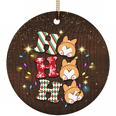 Ho Ho Ho Corgi Butt Heart Christmas Decorative Ornament Keepsake - Holiday Flat Circle Porcelain Ceramic Ornament