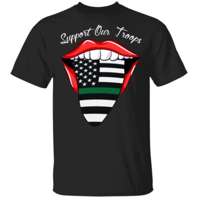 Red Lips Military Flag Green Line Tongue Out Support Troops T-Shirt