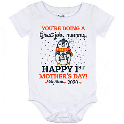 Happy 1st Mother's Day Penguin Custom Personalized Baby Onesie - Baby Infant Bodysuit