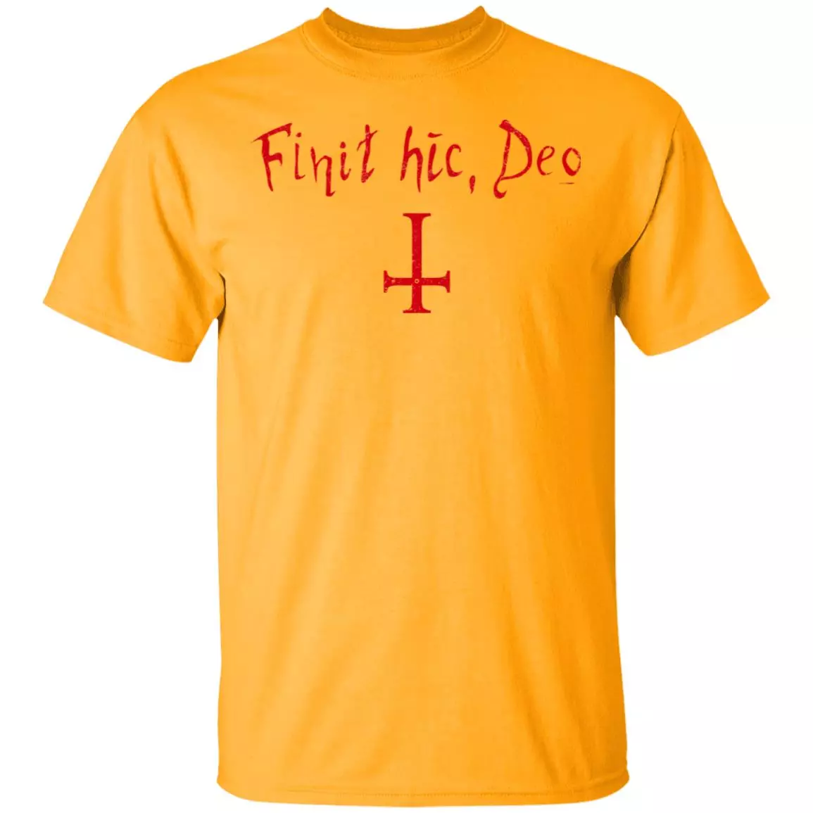 Finit HIC Deo God Ends Here Nun T-Shirt - The Upside Down Cross, Gold, Unisex T-Shirt Finit HIC Deo God Ends Here Nun T-Shirt - The Upside Down Cross, Gold, Unisex T-Shirt