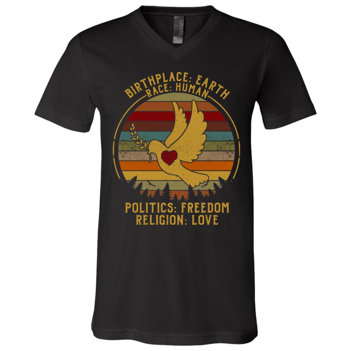 Birth Place Earth Race Human Politics Freedom Religion Love Human Rights Vintage T-Shirt, Black, V-Neck T-Shirt