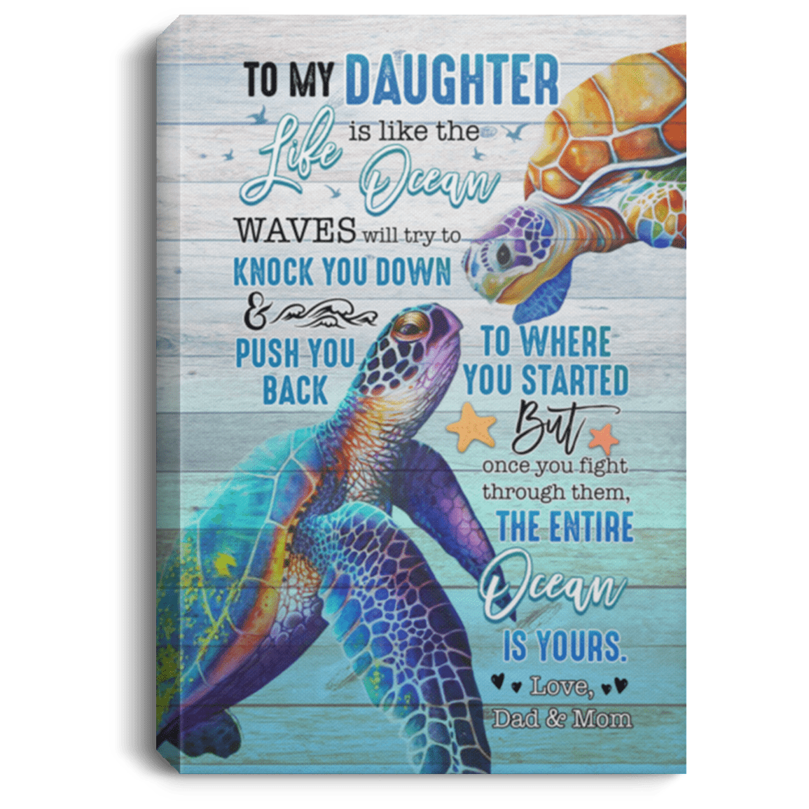 To My Daughter Life Is Like The Ocean From Dad Mom Saying Turtle Ocean Framed Canvas Unframed Poster Wall Art, Columbia Blue, 0.75'' Framed Canvas
