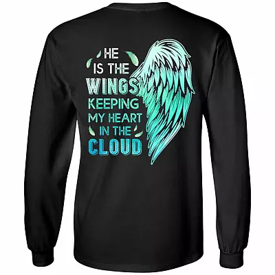 He Is The Wings Keeping My Heart In The Cloud Hoodie Sweatshirt - Her Guardian His Angel Love Couples Shirt, Black, Long Sleeve