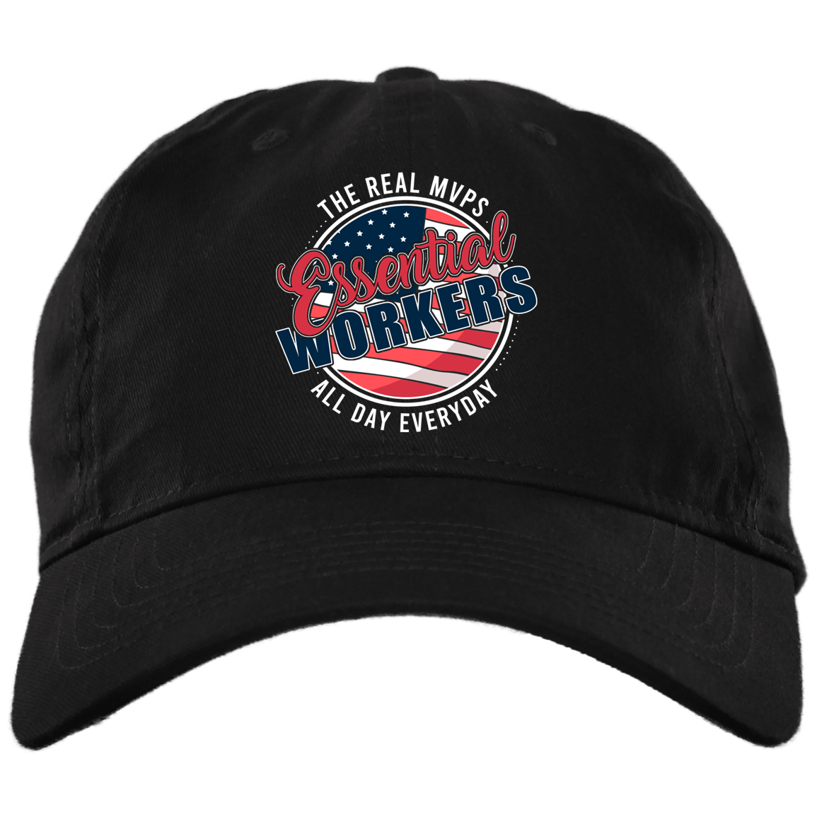 Essential Workers The Real MVPs Twill Cap - High Profile Snapback Hat - Trucker Hat, Black, Brushed Twill Dad Cap
