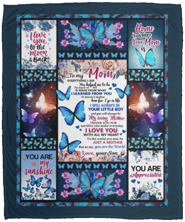 From Son to My Mom Everything I Am You Helped Me to Be - Butterfly Fleece Blanket - Premium Sherpa Blanket, White, Cozy Plush Fleece Blanket - 50x60
