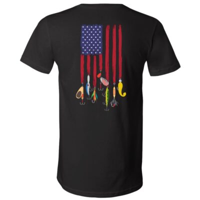 American Flag Fishing Print on Back T-Shirt - V-Neck Tee, Black, V-Neck T-Shirt