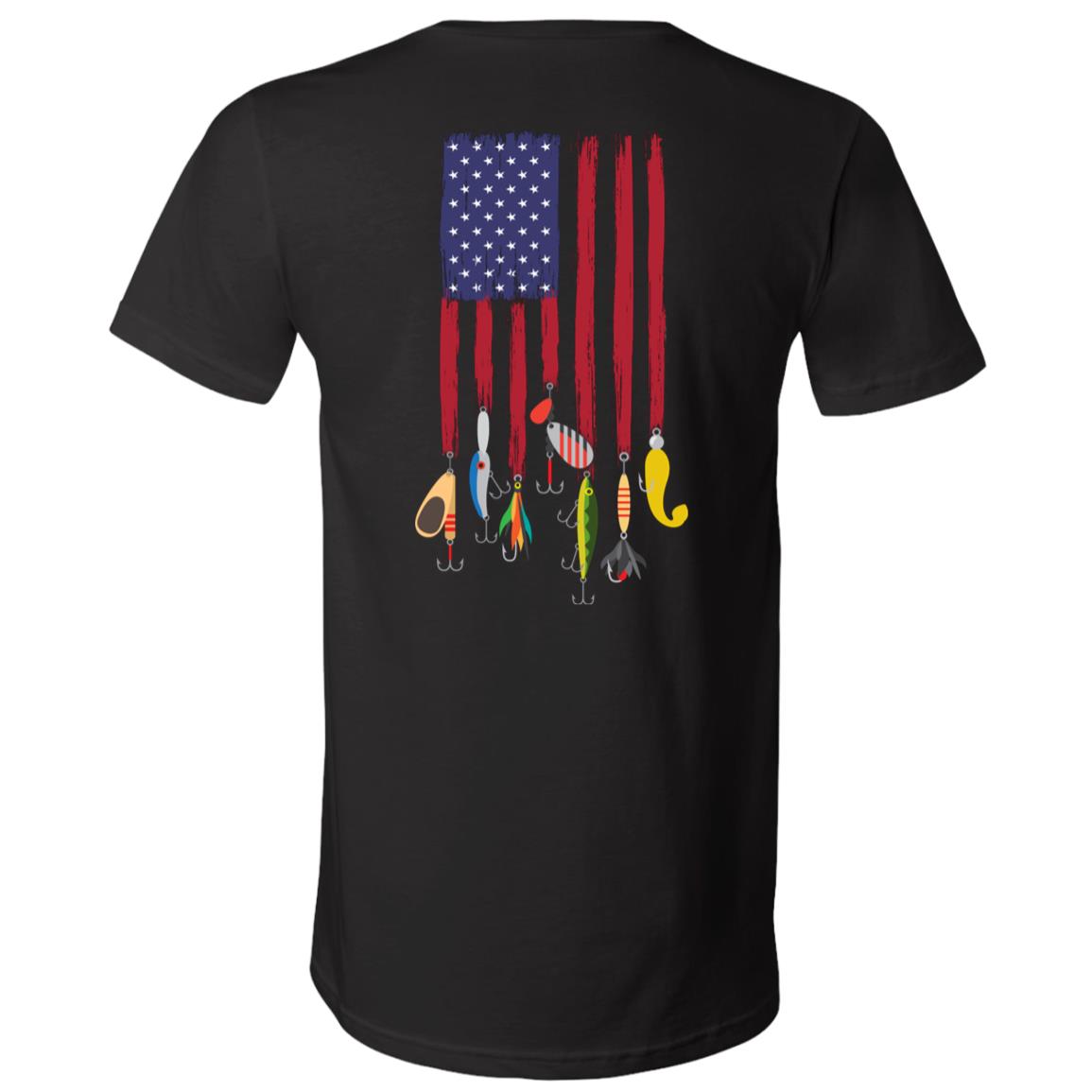 American Flag Fishing Print on Back T-Shirt - V-Neck Tee, Black, V-Neck T-Shirt