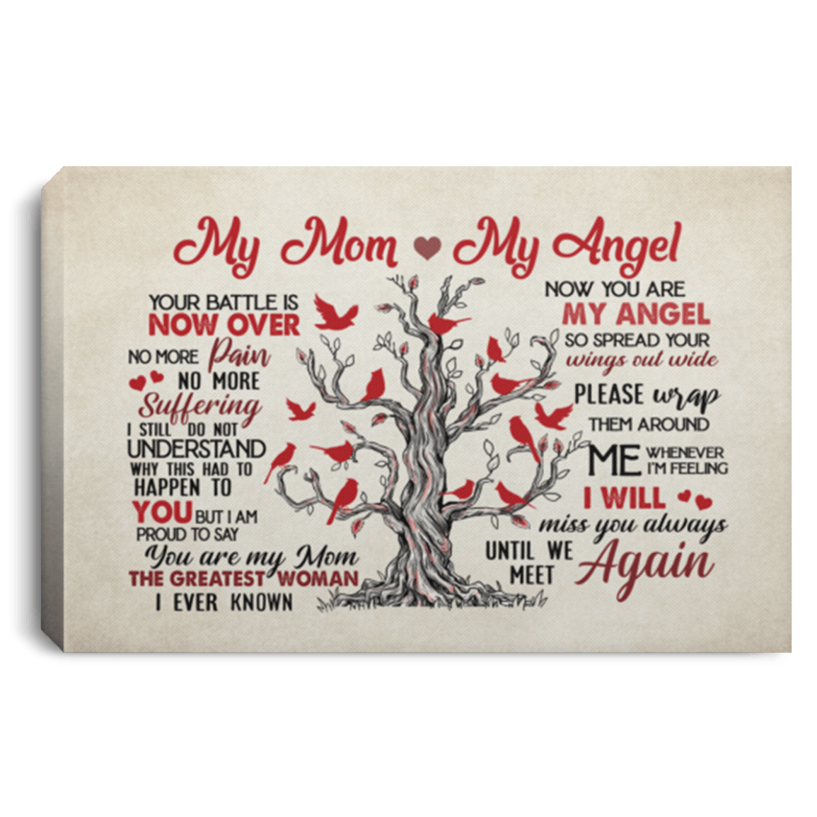Cardinal My Mom My Angel Your Battle Is Now Over No More Pain Suffering Framed Canvas - Unframed Poster, White, 0.75'' Framed Canvas