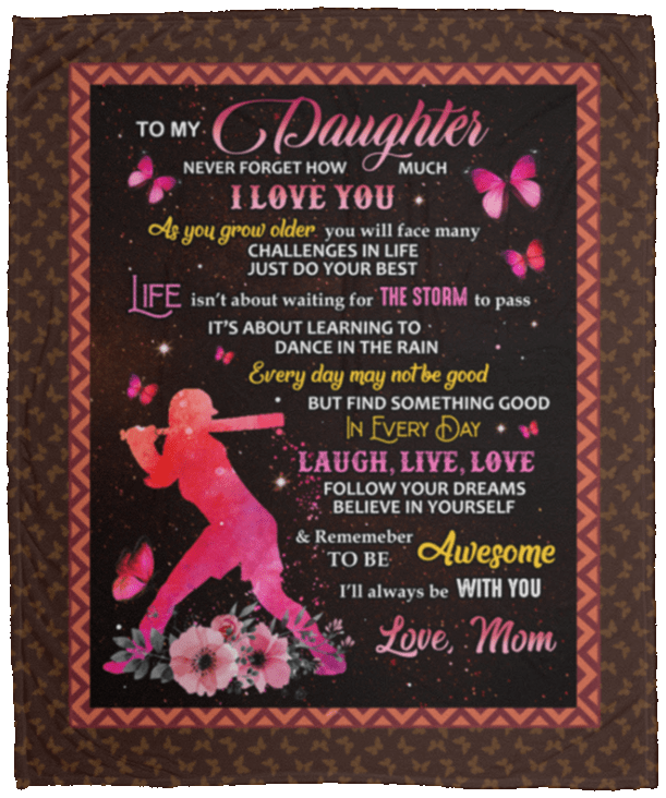 Softball To My Daughter Never Forger How Much I Love You From Mom Fleece Blanket - Premium Sherpa Blanket, White, Cozy Plush Fleece Blanket - 50x60