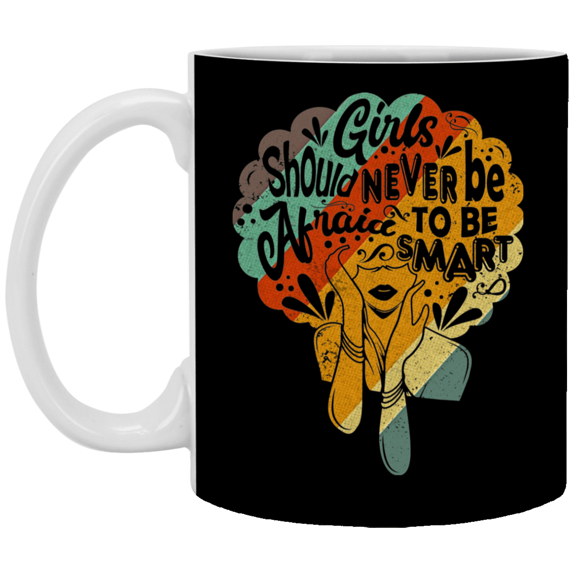 Girls Should Never Be Afraid to Be Smart Afro Portrait Ceramic Coffee Mug - Water Bottle - Color Changing Mug, Black, 11 oz. White Mug