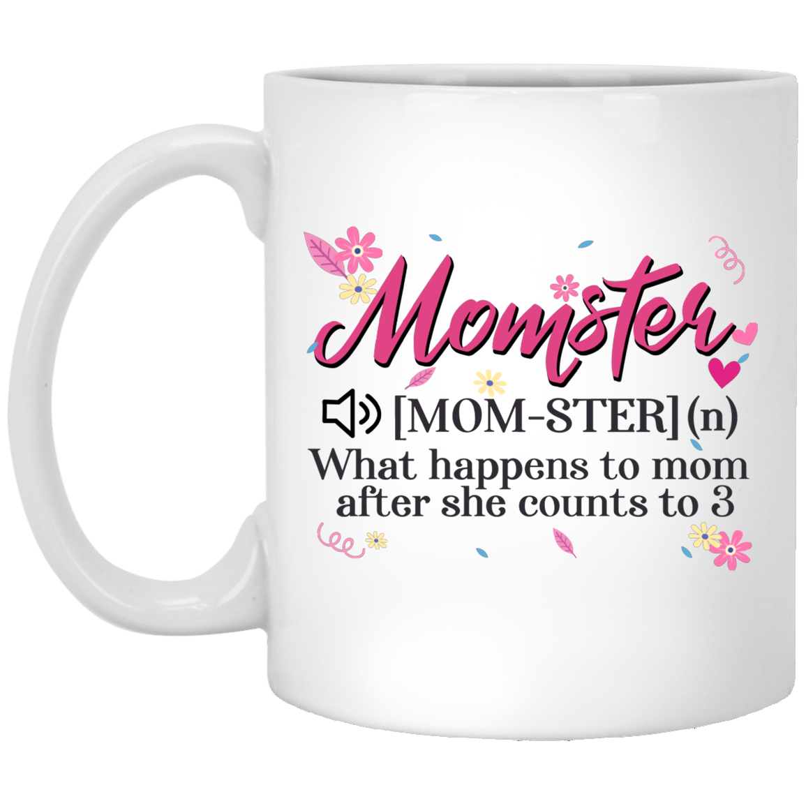 Momster Definition - What Happens To Mom After She Count 3 Ceramic Coffee Mug, White, 11 oz. White Mug