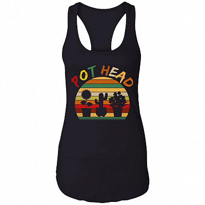 Pot Head Sarcastic Plant Lover Vintage Retro Ladies Racerback Tank - Funny Pot Head Gardening Saying Tank Top, Black, Ladies Racerback Tank