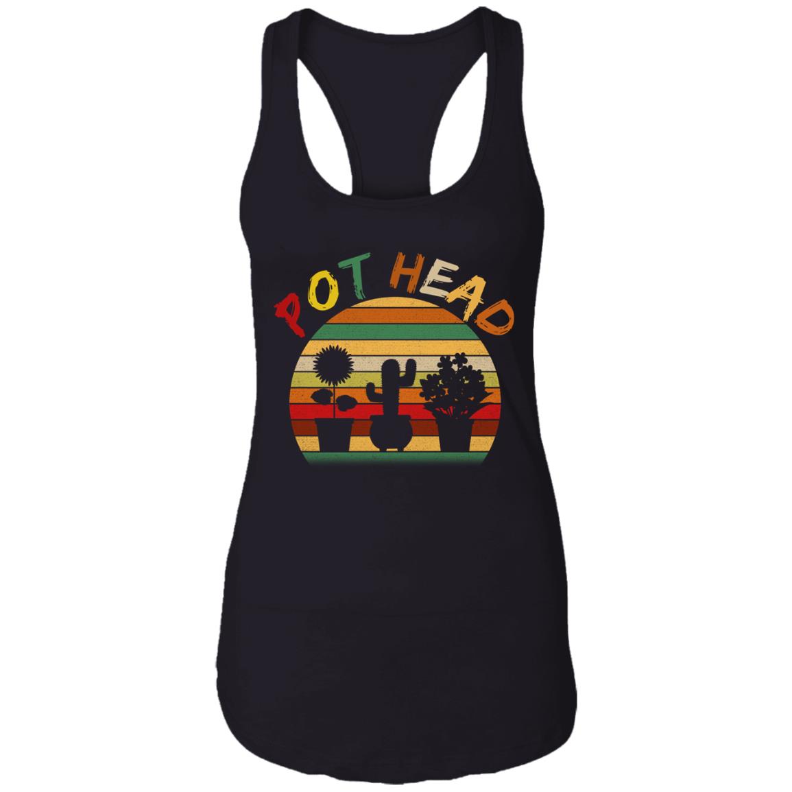 Pot Head Sarcastic Plant Lover Vintage Retro Ladies Racerback Tank - Funny Pot Head Gardening Saying Tank Top, Black, Ladies Racerback Tank