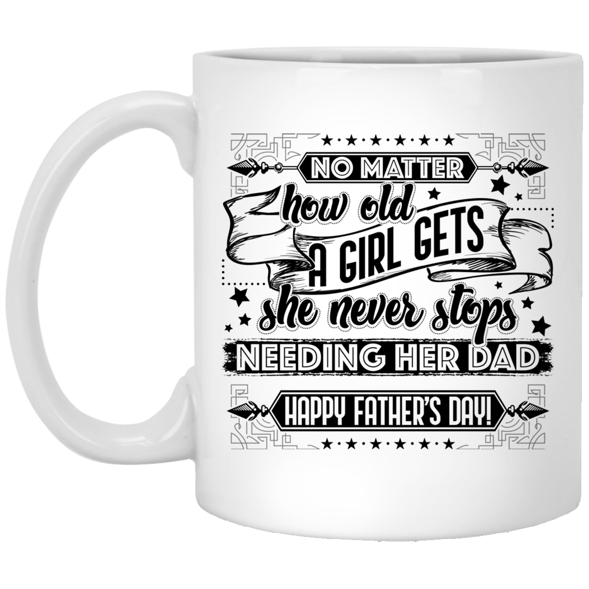 No Matter How Old a Girl Gets She Never Stops Needing Her Dad Ceramic Coffee Mug - Water Bottle, White, 11 oz. White Mug