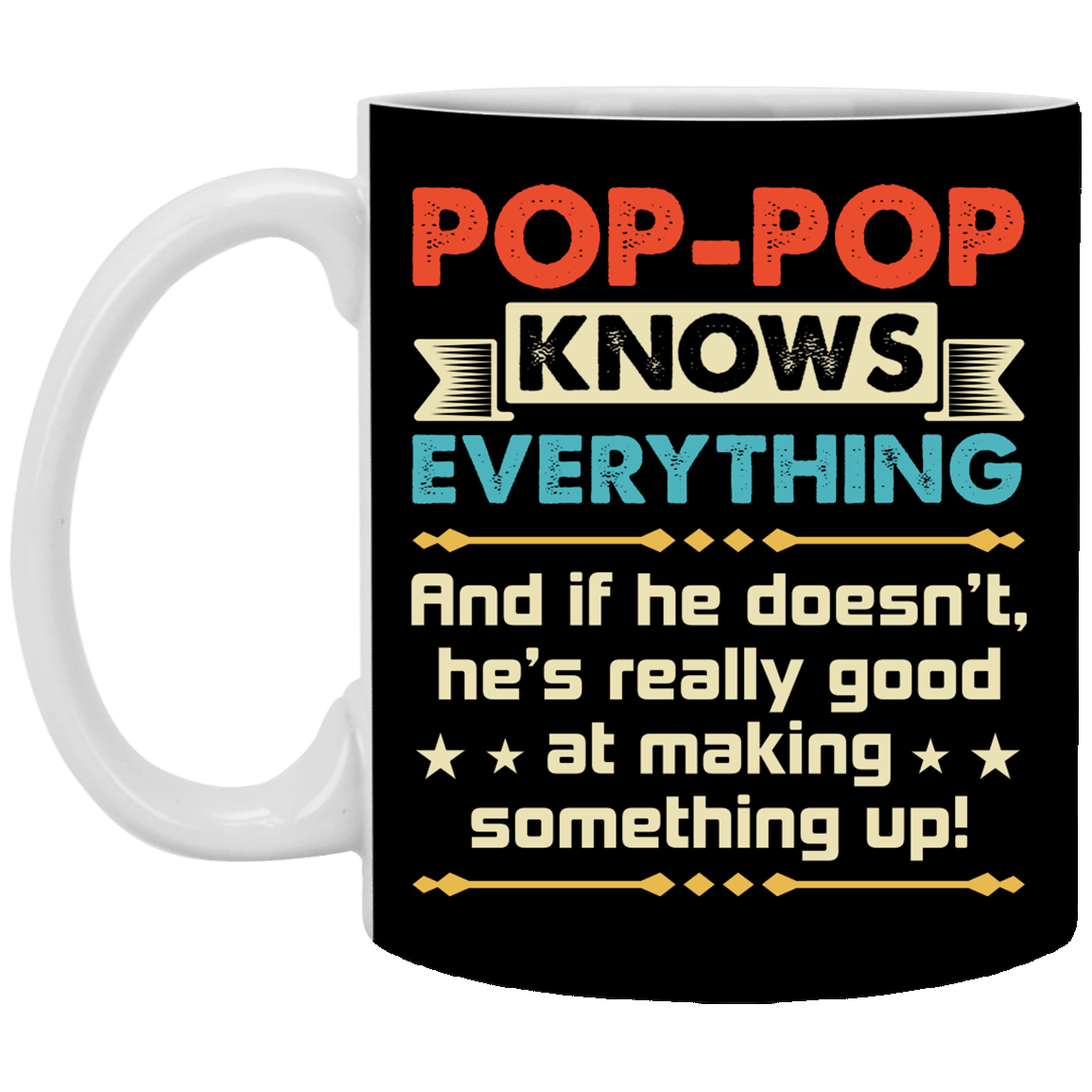Pop-pop Knows Everything Gift For Grandpa Ceramic Coffee Mug - Water Bottle, Black, 11 oz. White Mug