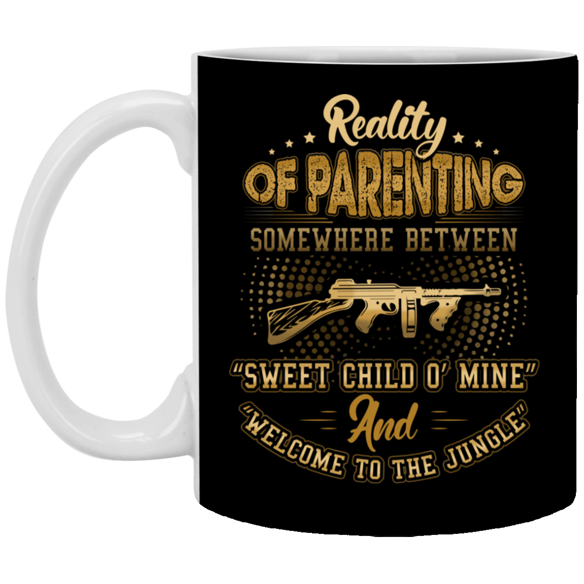 Reality of Parenting Somewhere Between Sweet Child Ceramic Coffee Mug - Water Bottle - Color Changing Mug, Black, 11 oz. White Mug