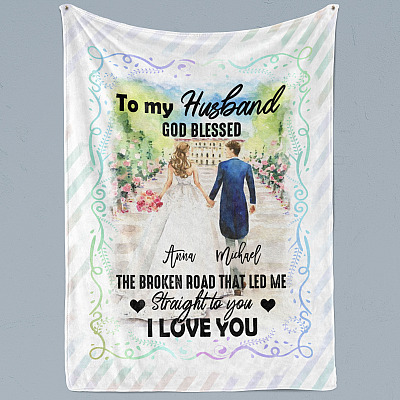 Alternative view of Personalized to My Husband God Blessed the Broken Road That Led Me Straight to You Fleece Blanket-Premium Sherpa Blanket