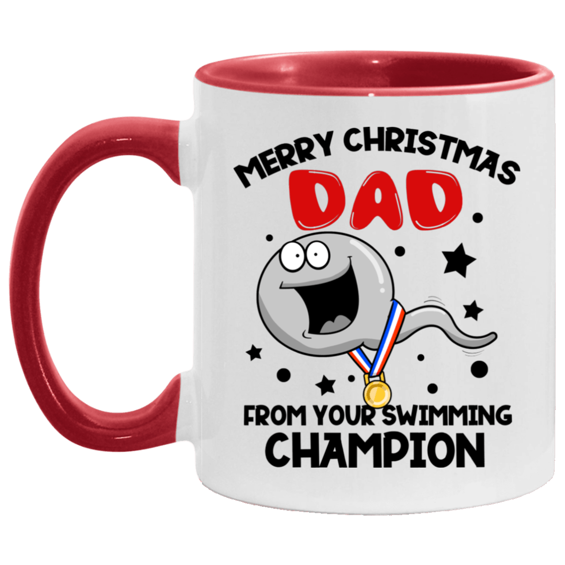 Merry Christmas Dad From Your Swimming Champion Ceramic Accent Mug - Coffee Mug, White/Red, 11 oz. Accent Mug