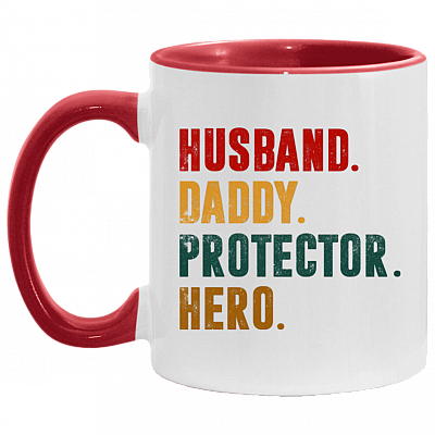 Husband Daddy Protector Hero Accent Mug - Fathers Day Gifts For Dad, White/Red, 11 oz. Accent Mug