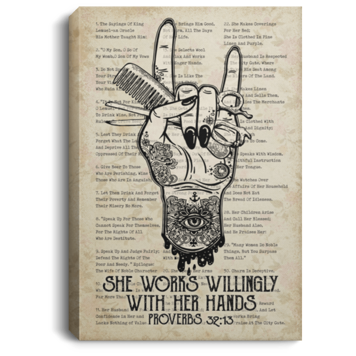 She Works Willingly With Her Hands Proverbs 32:13 Canvas Poster - Hairdresser Life Hairstylist Meme Wall Art, White, 0.75'' Framed Canvas