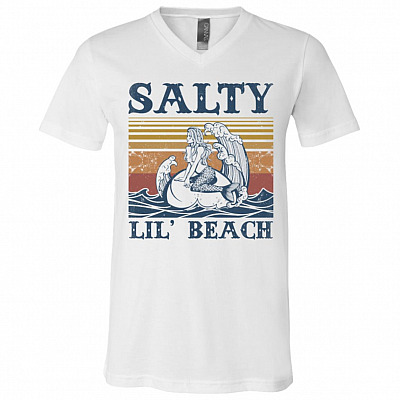 Salty Lil Beach Funny Mermaid Vintage Retro T-Shirt - V-Neck Tee - Mermaid Lover Gifts, White, V-Neck T-Shirt