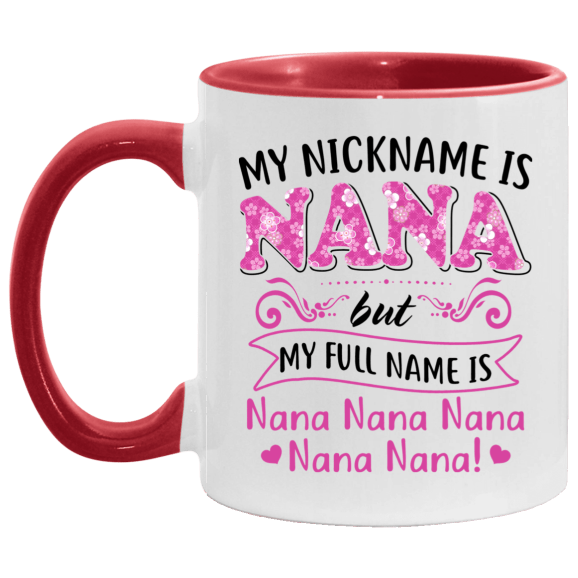 My Nickname Is Nana But My Full Name Is Nana Nana Nana Nana Nana Accent Mug - Funny Grandma Mug, White/Red, 11 oz. Accent Mug