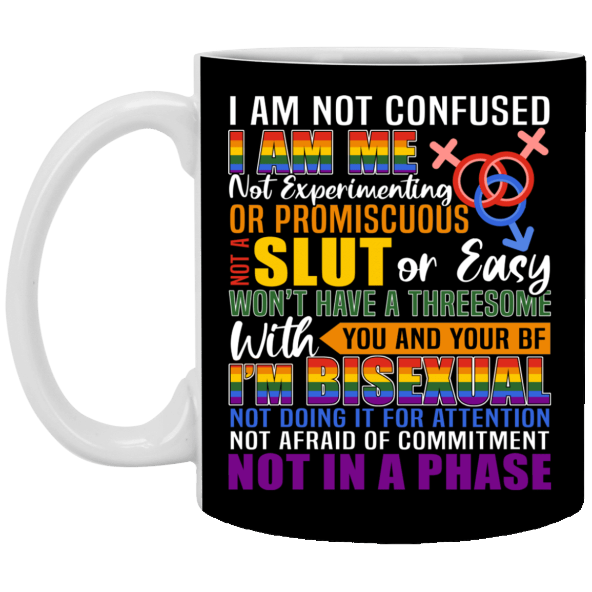 I'm Not Confused I'm Me I'm Bisexual Not In a Phase Ceramic Coffee Mug - Water Bottle, Black, 11 oz. White Mug