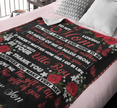 Alternative view of Son to My Loving Mom All That I Am or Ever Hope to Be - Butterfly Fleece Blanket - Premium Sherpa Blanket