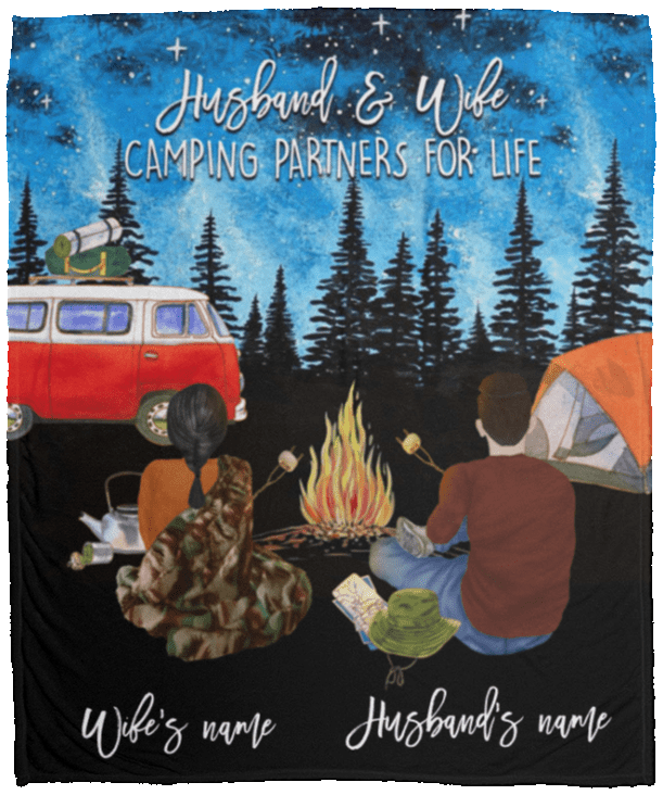 Personalized Husband And Wife Camping Partners For Life Fleece Blanket - Premium Sherpa Blanket - Woven Blanket, White, Cozy Plush Fleece Blanket - 50x60
