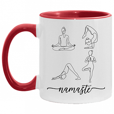 Yoga Poses Single Line Drawing Namaste Accent Mug, White/Red, 11 oz. Accent Mug