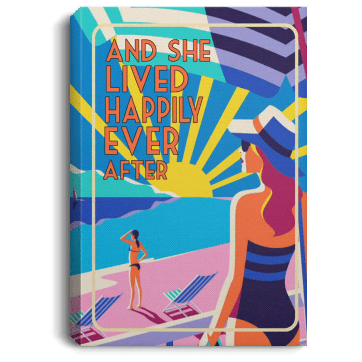 She Lived Happily Ever After Framed Canvas Unframed Poster - Funny Beach Sand Sunshine Girl Wall Art Decor, White, 0.75'' Framed Canvas