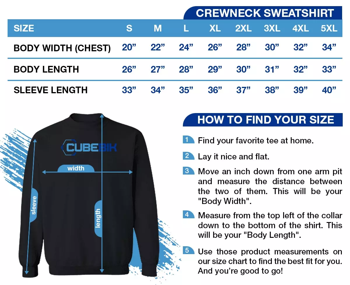 CubeBik Crewneck Sweatshirt Size Chart